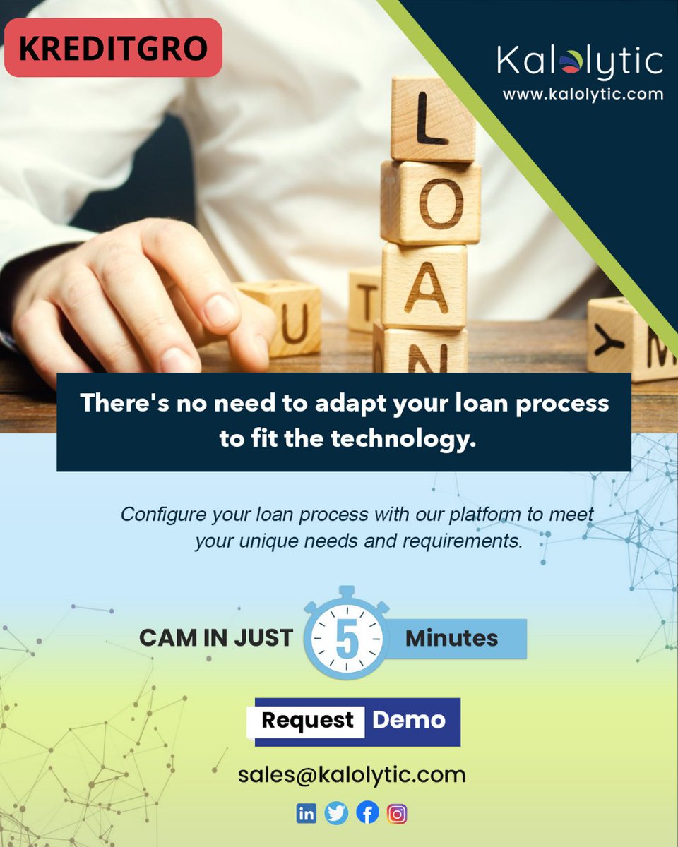 There's no need to adapt your loan process to fit the technology.

kalolytic.com/solutions/loan…

#SMEFinance #SmallBusinessLoans #AI #ArtificialIntelligence #FinTech #LendingPlatform #LoanSupport #BusinessLoans #DigitalLending #LoanProcessing #LoanApproval #CAM