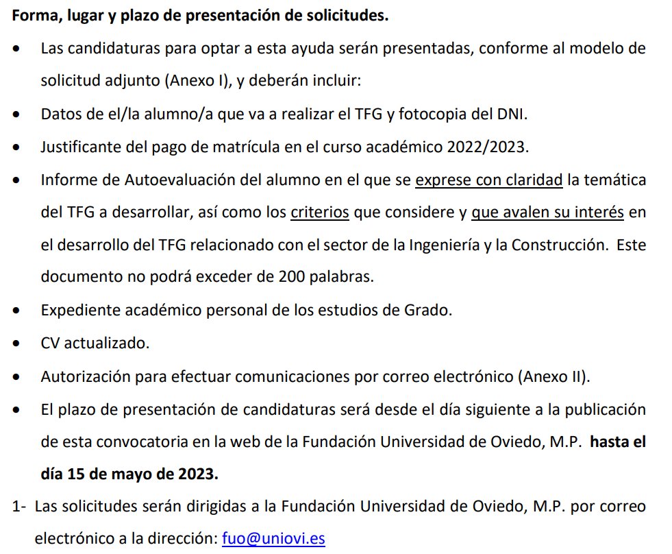 📢Hoy 15 de mayo termina el plazo de inscripción a ayuda para TFG desde #CátedraEXCADE 👥Destinado a alumnos de ingeniería de la EPM que desarrollen contribuciones relevantes en el sector de la Ingeniería y la Construcción @uniovi_info @estudiantesovi #SomosEPM