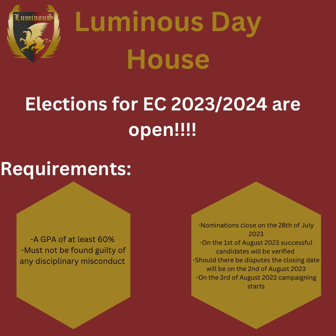 We have officially opened Elections for the Luminous Dayhouse
Use this link : forms.gle/YqcwzgQsDgNMs4… to nominate yourself as a candidate.  Elections occur between 15 August at 07:00 to 17 August at 19:00.