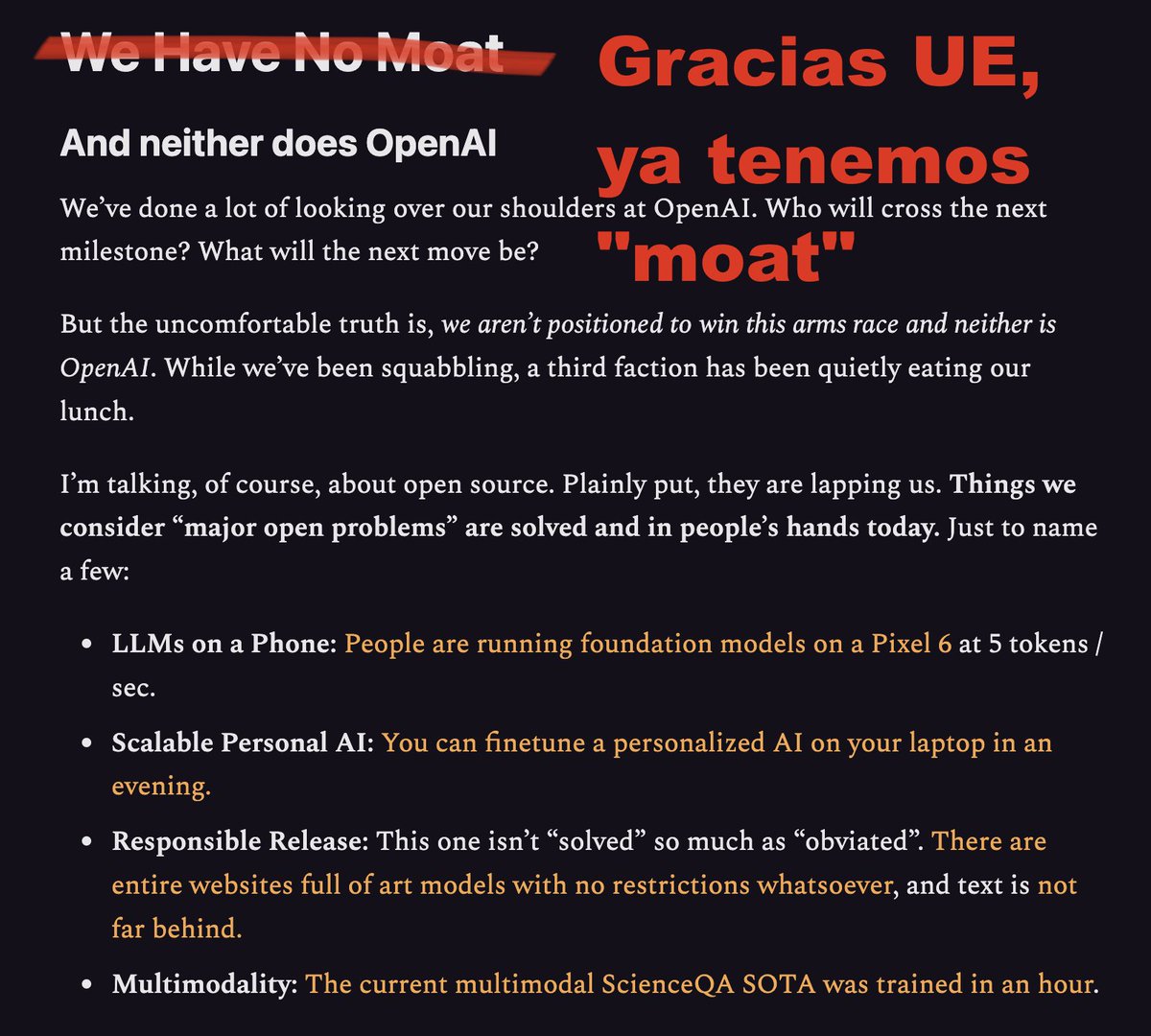 antor's tweet image. Mi lectura del ¿último? borrador de la regulación de IA en Europa es que:

1. Favorece a los &quot;grandes&quot;. En las multas, etc. que se pueden permitir los grandes como &quot;costes operativos&quot; y procesos burocráticos prohibitivos para startups.

2. Misil a los movimientos &quot;open-source&quot; 👇🏻