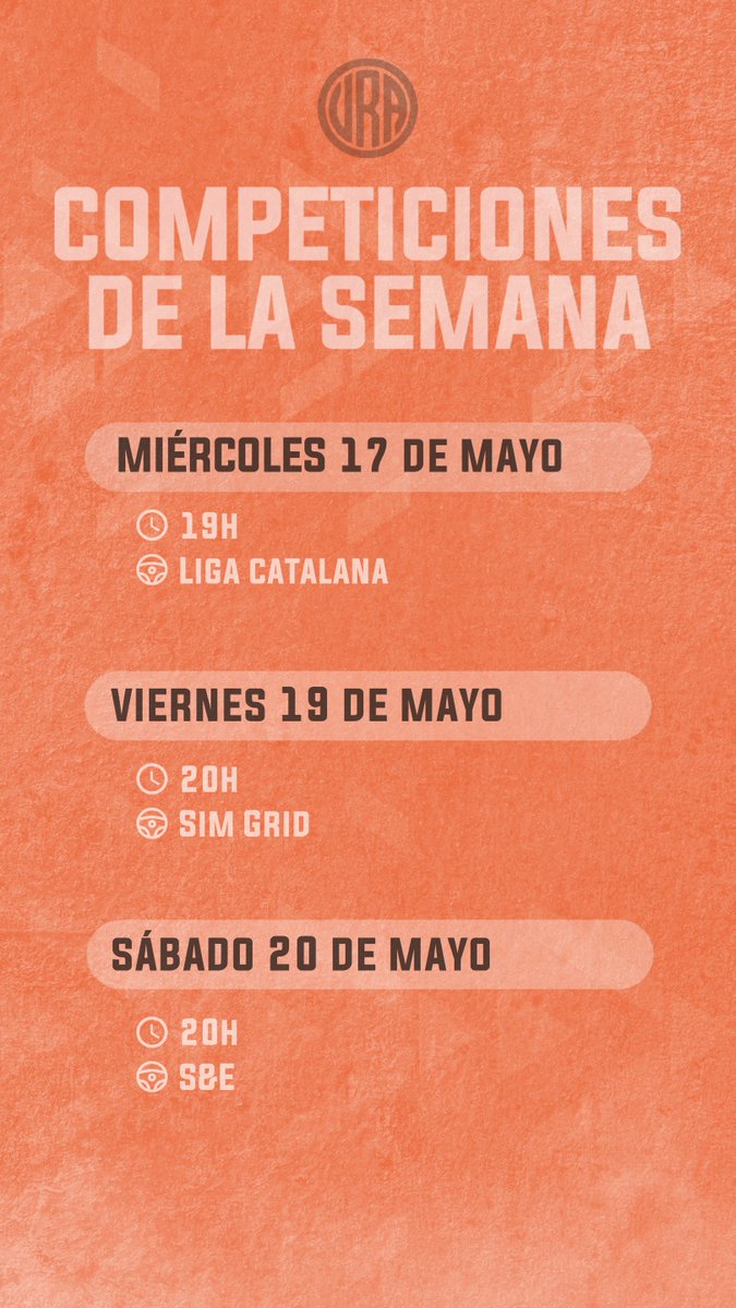 ¡Bueeeenos díaaas!☀️

Esta semana va a ser muuuuy guay. 

A continuación os dejamos dónde poder ver al equipo #RambootVRA los próximos días😉

🗓️ Miércoles a las 19h → Liga catalana
🗓️ Viernes a las 20h → Sim Grid
🗓️ Sábado a las 20h → S&amp;E

#simracing