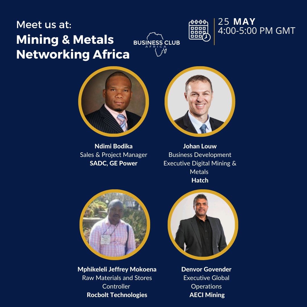 Get ready for a 1-hour online networking meeting with industry leaders in mining exploration and production. From equipment to services, meet the mining professionals of Africa!

👉🏽Register here: hopin.com/canvas/events/…