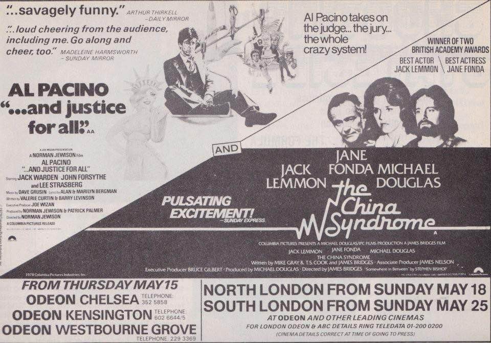 Forty-three years ago today, this double-bill opened in London cinemas... #AndJusticeForAll #TheChinaSyndrome #1970s #AlPacino #JaneFonda #MichaelDouglas #JackLemmon #film #films
