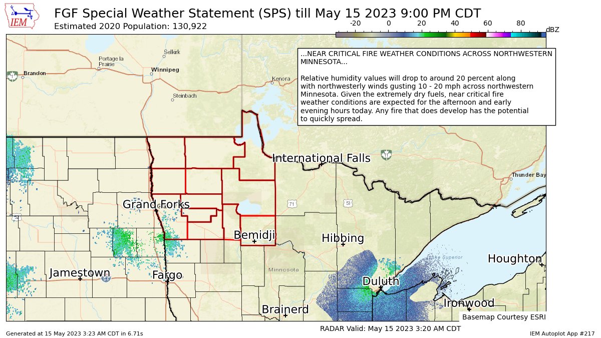 NEAR CRITICAL FIRE WEATHER CONDITIONS ACROSS NORTHWESTERN MINNESOTA for East Marshall, East Polk, Kittson, Lake Of The Woods, North Beltrami, North Clearwater, Pennington, Red Lake, Roseau, South Beltrami, West Marshall, West Polk [MN] till 9:00 PM CDT https://t.co/USpWYDVr0w https://t.co/Datd899XzE