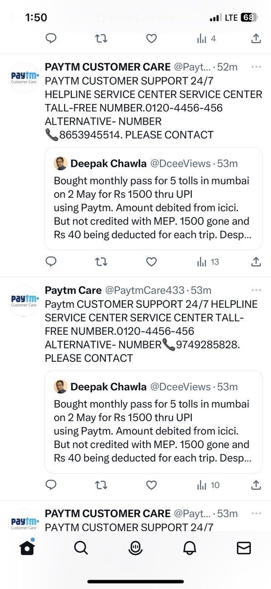 DceeViews's tweet photo. Dear @Paytm … on tweeting my grievance, look at so many of your fake accounts that have started hounding me !!
@GoI_MeitY @rajputbalsing @MumbaiPolice https://t.co/QkSkT51mEz
