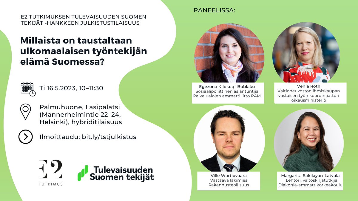 Millaisia kokemuksia taustaltaan ulkomaalaisilla työntekijöillä on Suomessa työskentelystä ja asumisesta? 

Julkistamme uusia tutkimustuloksia huomenna 16.5. klo 10 Helsingissä. Tilaisuus striimataan. Vielä ehdit ilmoittautua: bit.ly/tstjulkistus 

Lämpimästi tervetuloa!