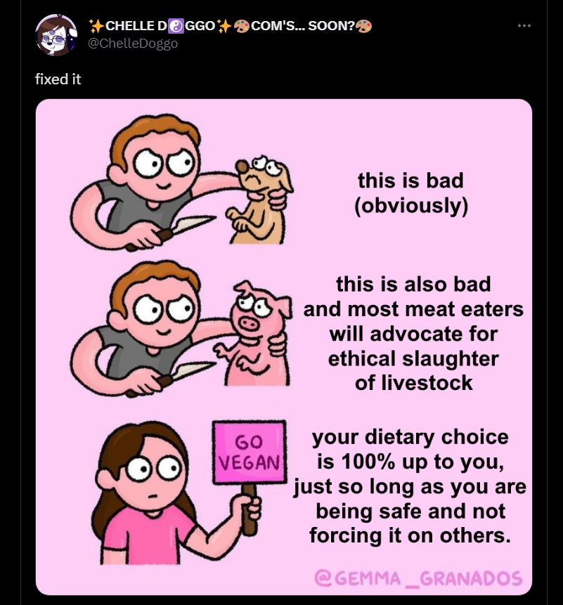 SocDoneLeft's tweet image. If you're anti-vegan, and you suggest "ethical" meat production as an alternative (right comic), just know:

You're de-facto proposing that people eat 10 times less meat.

Short thread: 🧵