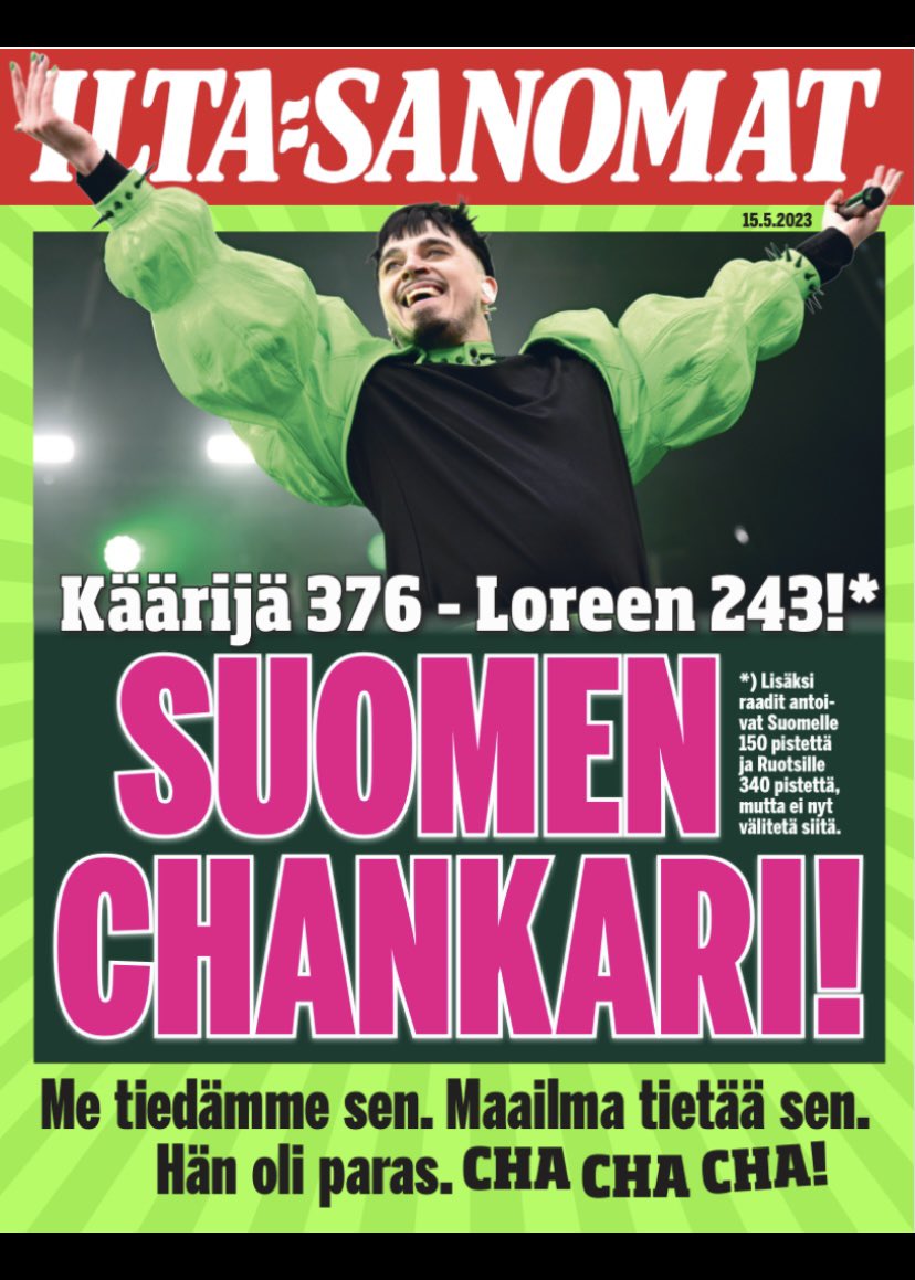 AppelsinUlla's tweet photo. Ilta-Sanomien lööppi tänään on omistettu miehelle, jota koko kansainvälinen viisuyleisö rakasti. https://t.co/As7tnKIPAg