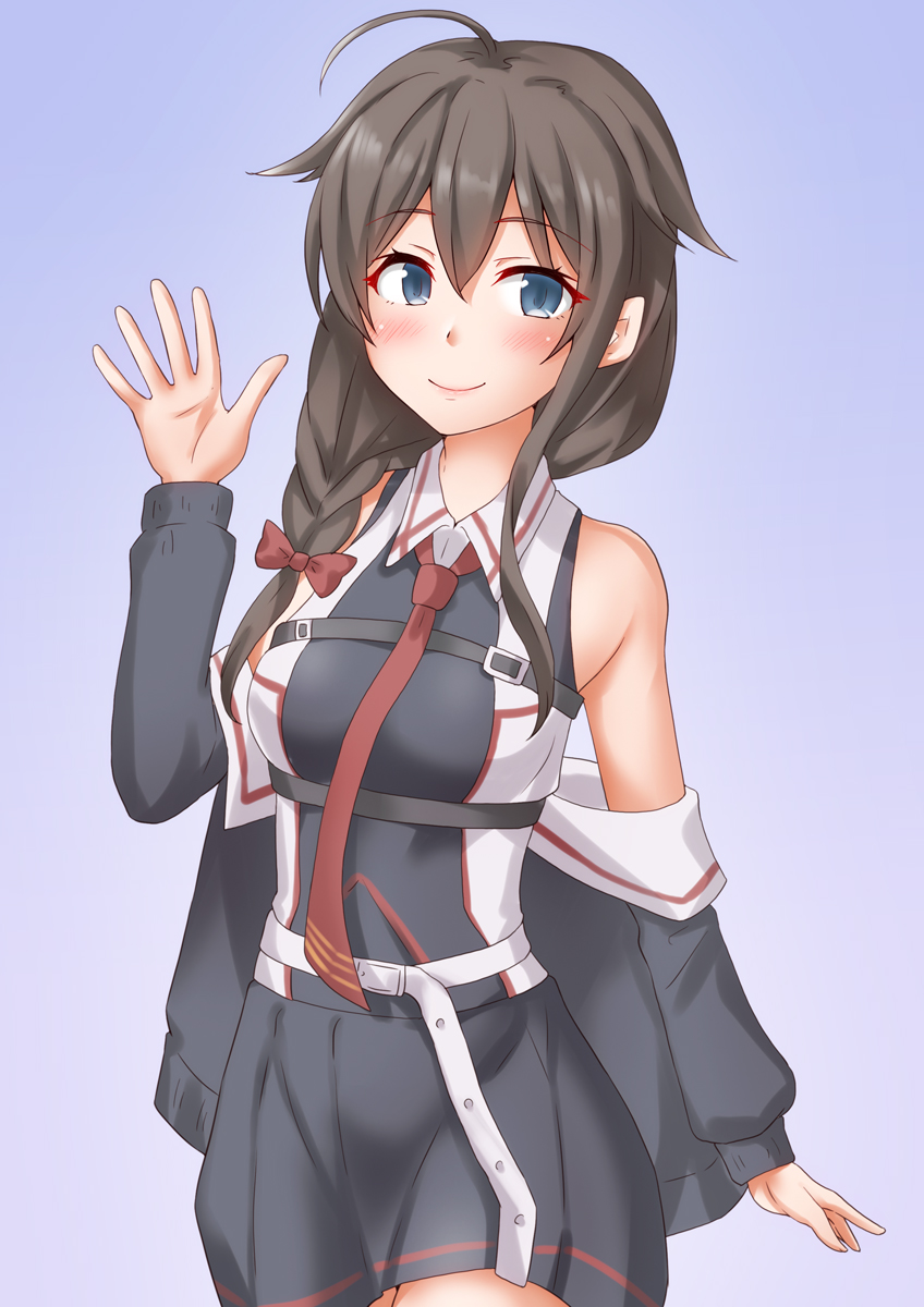 shigure (kancolle) ,shigure kai ni (kancolle) 1girl solo braid blue eyes skirt hair flaps necktie  illustration images