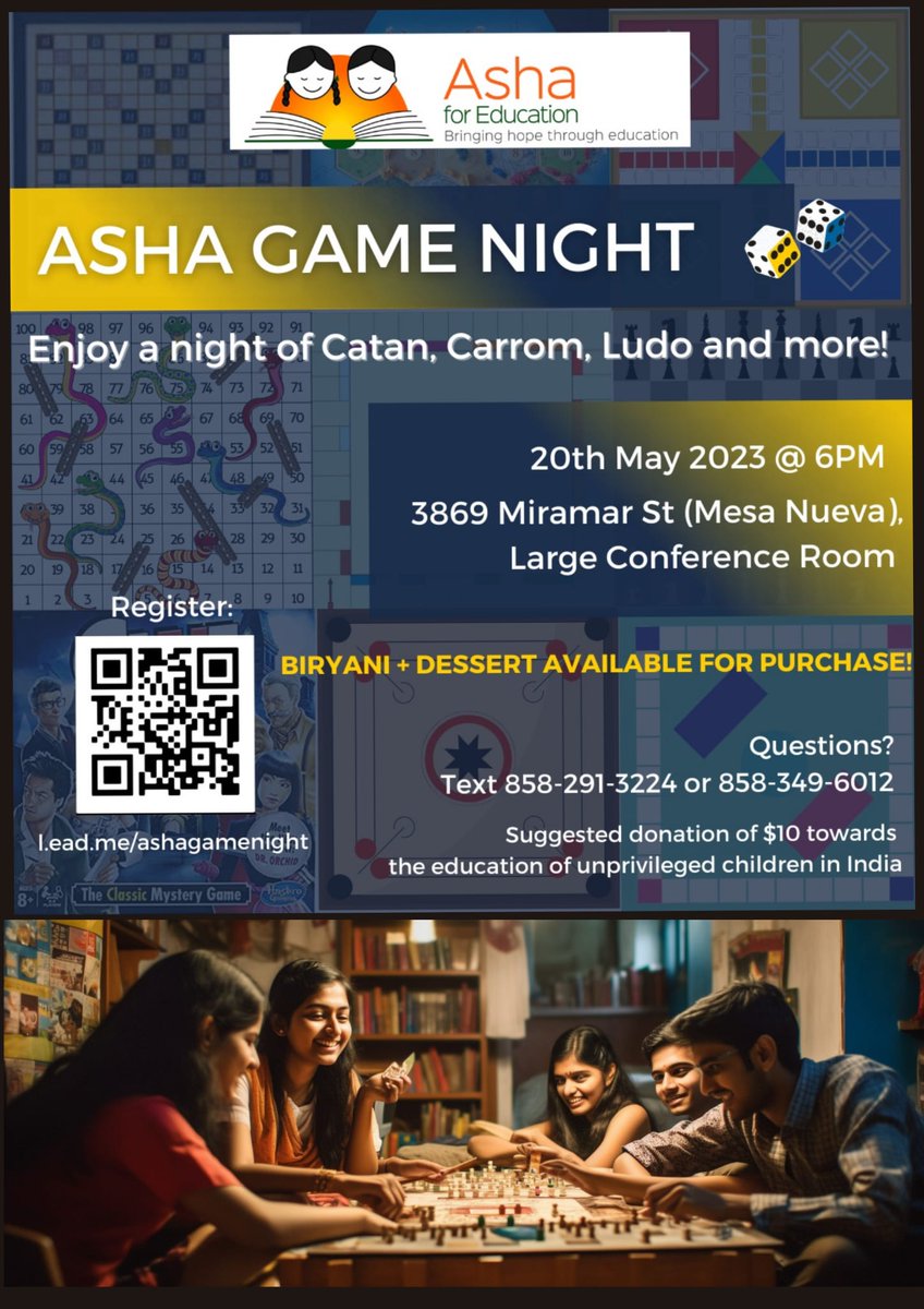 gsk_swetha's tweet photo. Welcome to the @AshaSanDiego fundraiser game night for an evening of fun and games while we raise money for the education of underprivileged children in India.

Register at https://t.co/zNyN00AoGM . https://t.co/HPMx0HsB6u