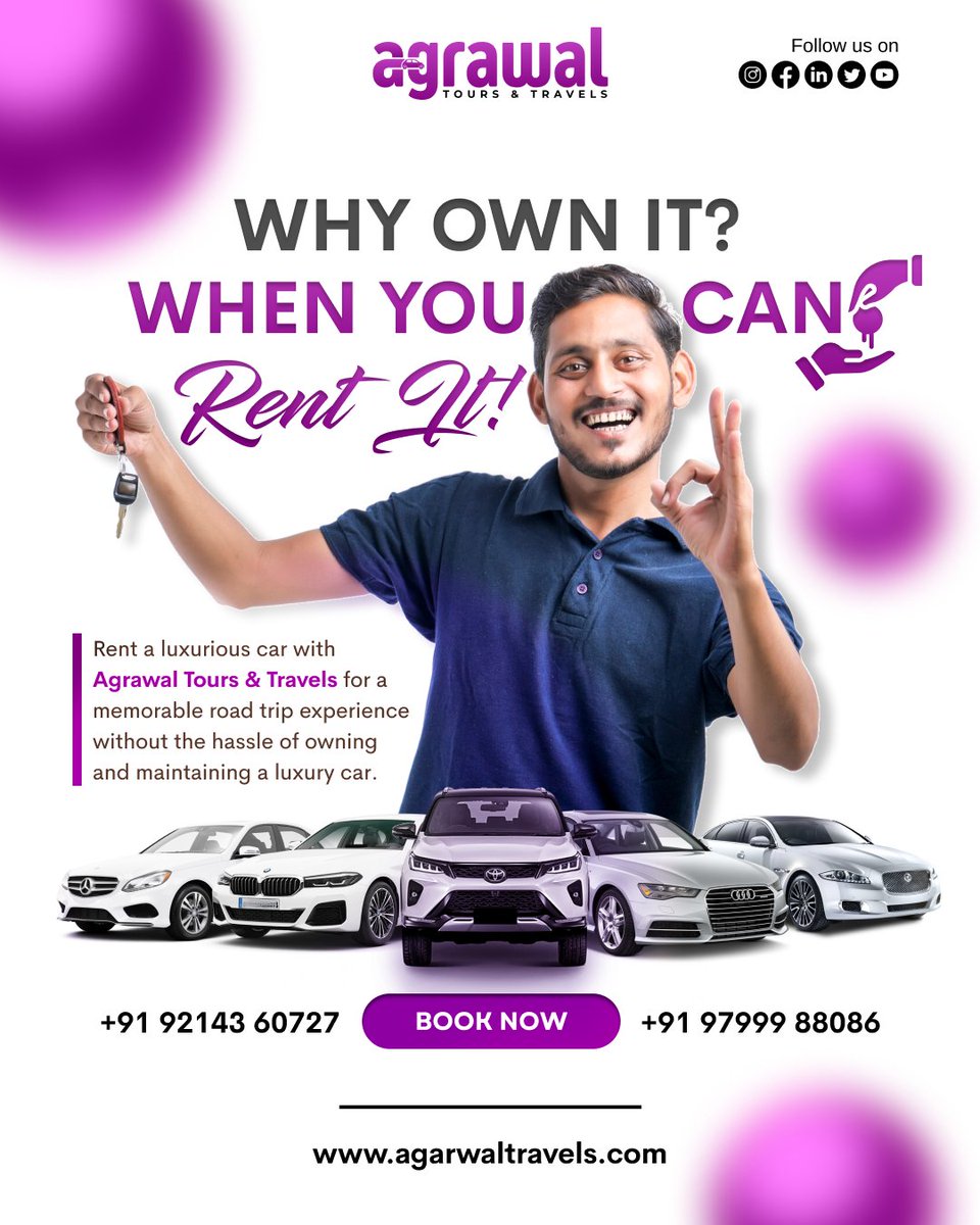 Why own it, when you can rent it! 🚗💨 Rent a luxurious car with Agrawal Tours & Travels for a memorable road trip experience without the hassle of owning and maintaining a luxury car. 🌟 Book now and hit the road in style! 😎🛣️

#LuxuryCarRental #RoadTrip #TravelExperience