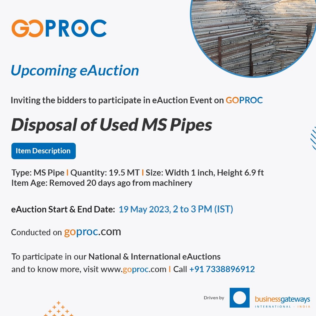 GOPROC_'s tweet image. Get ready for the upcoming eAuction of used MS pipes! Participate and grab the opportunity to acquire assets.

To register and join the eAuction, visit: bit.ly/42TBx37

#GOPROC #eAuction #MSpipes #Gujarat #india #biddingprocess #assetdisposal #onlineauction