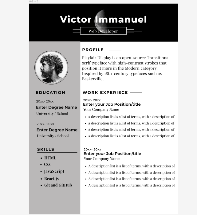 chrollo1402's tweet image. Day 7: #30DaysofReactjs
#100daysofcode 
Built a Cv desing in Figma for Cv application project given on @TheOdinProject .
How does it look?