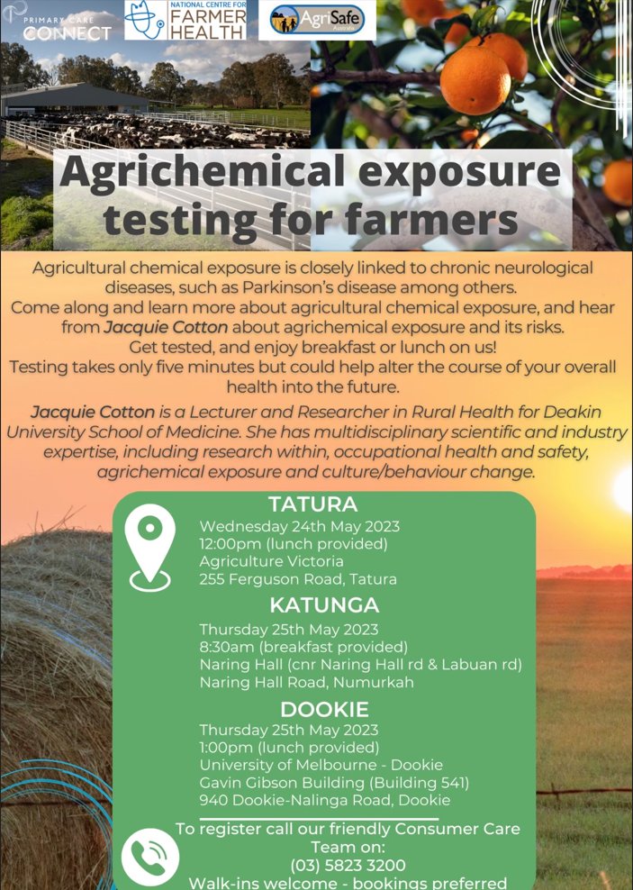 Free Agrichemical exposure testing for farmers next week in Tatura, Katunga and Dookie see dates below - Lunch or breky also included 👍