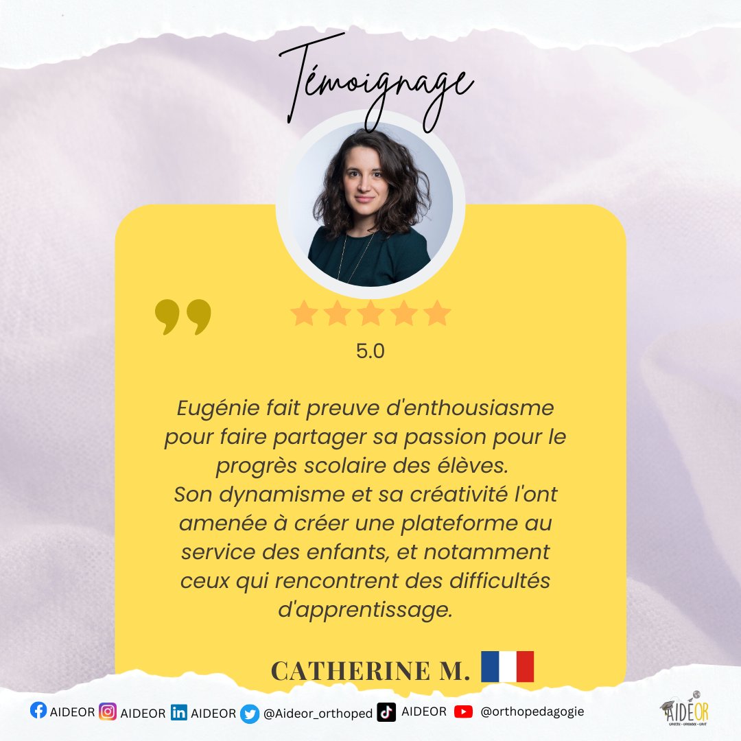 Aideor_orthoped's tweet image. "Un partenaire heureux de #recommander Aideor
En tant que partenaire d'Aideor, Cathérine peut témoigner de l'enthousiasme et de la passion d'Eugénie pour le progrès scolaire des élèves.
#Formation #Apprentissage #témoignage #collaboration #passion #ConseilsEfficaces #Aideor