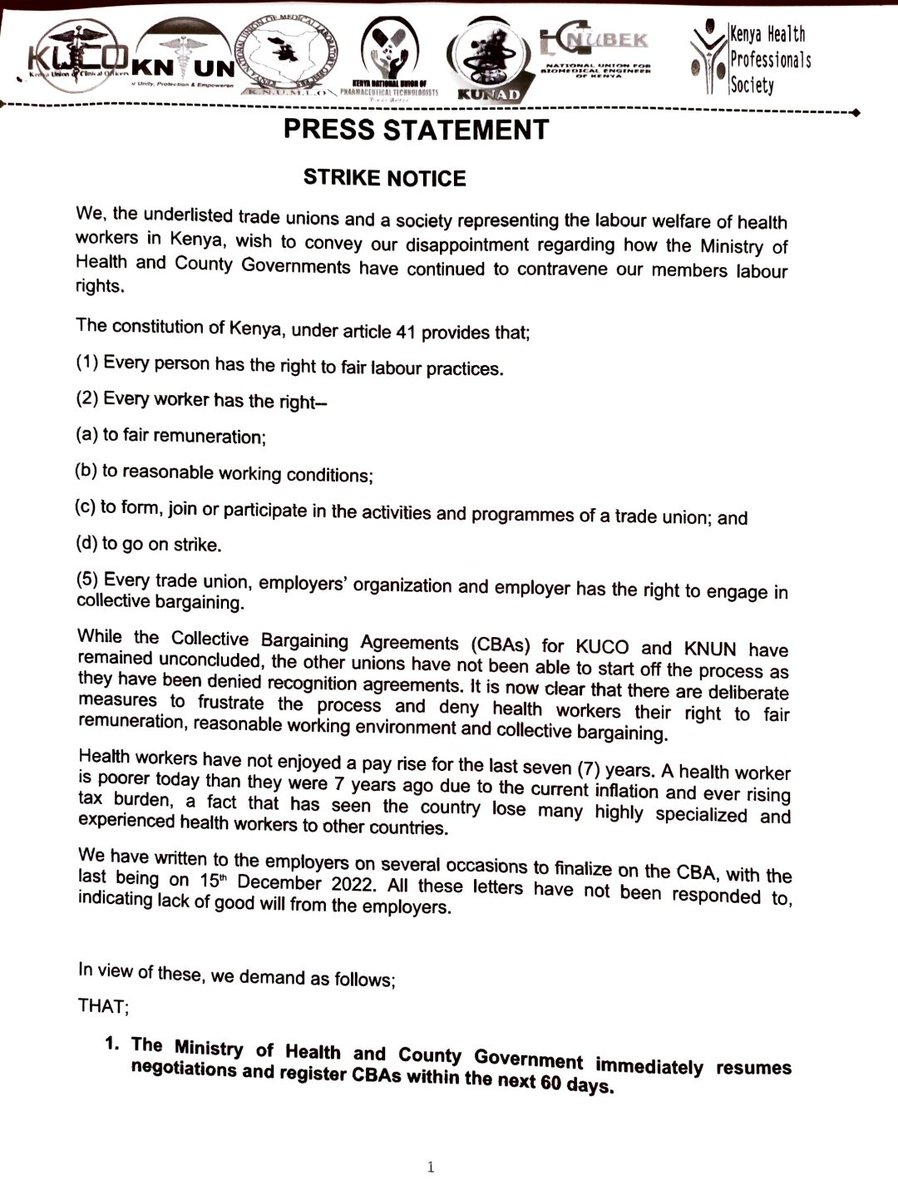 KNUPT1's tweet photo. We jointly issued an extended strike notice of 60 days to the @MOH_Kenya and County Governments @KenyaGovernors https://t.co/Bgk9dhUTnp