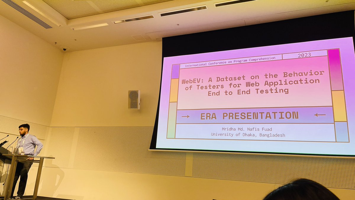 icpcconf's tweet photo. π Fuad Mridha presents the short paper 'WebEV: A Dataset on the Behavior of Testers for Web Application End to End Testing'! ποΈ WebEV can be used to mine how automated approaches differ from real-life E2E test scenarios!ππ¬ #icpc2023 #ShortPaper #SoftwareTesting #WebEV https://t.co/A5izk4sPxu