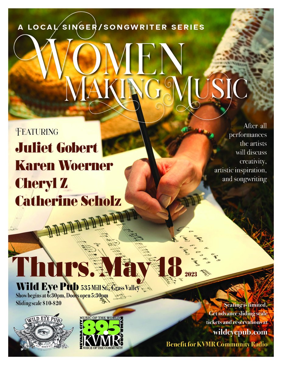 🌟The 1st in a series of musical fundraisers for KVMR🌟 WHEN: Thursday, (5/18) @ 6:30PM (doors at 5:30PM) WHERE: Wild Eye Pub in Grass Valley WHAT: Four local singer-songwriters will perform a set of their original songs w/ the stories that inspired the songs.