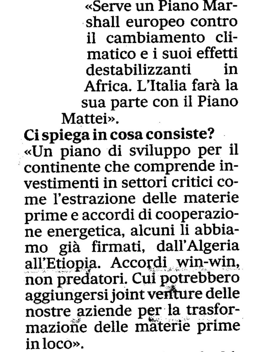 An interesting excerpt from @FrancescoBechis' interview with FM @Antonio_Tajani. What is the #MatteiPlan? [Paraphrase] Investment plan for #Africa, with focus on critical materials extraction and energy; win-win agreements; Italian companies’ jv to process raw materials locally