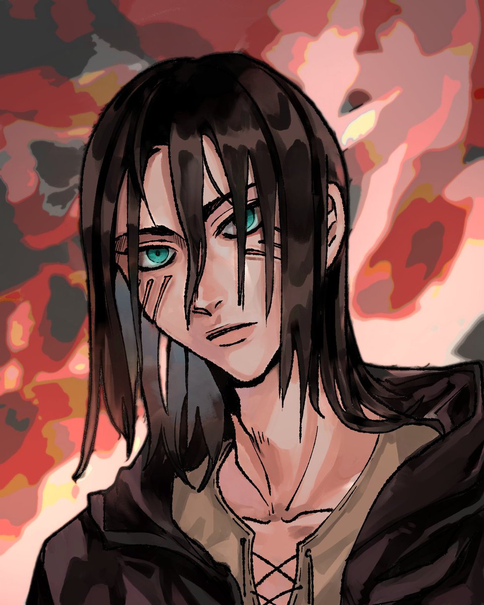 eren yeager 1boy solo male focus black hair looking at viewer green eyes medium hair  illustration images