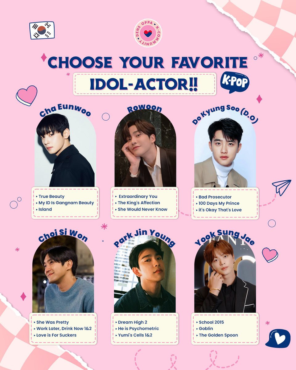 Dens_Oppa's tweet photo. Udah banyak banget Idol yang merambah karirnya jadi aktor, dan nggak jarang dapet project film atau drama populer!!
Coba pilih mana Idol-Actor favoritnya Chingu-deul!!😏
#Dens_Oppa #KoreanCommunity #IdolActor #ChaEunWoo #Rowoon #DoKyungSoo #ChoiSiWon #ParkJinYoung #YookSungJae https://t.co/zI8C06ZGzL