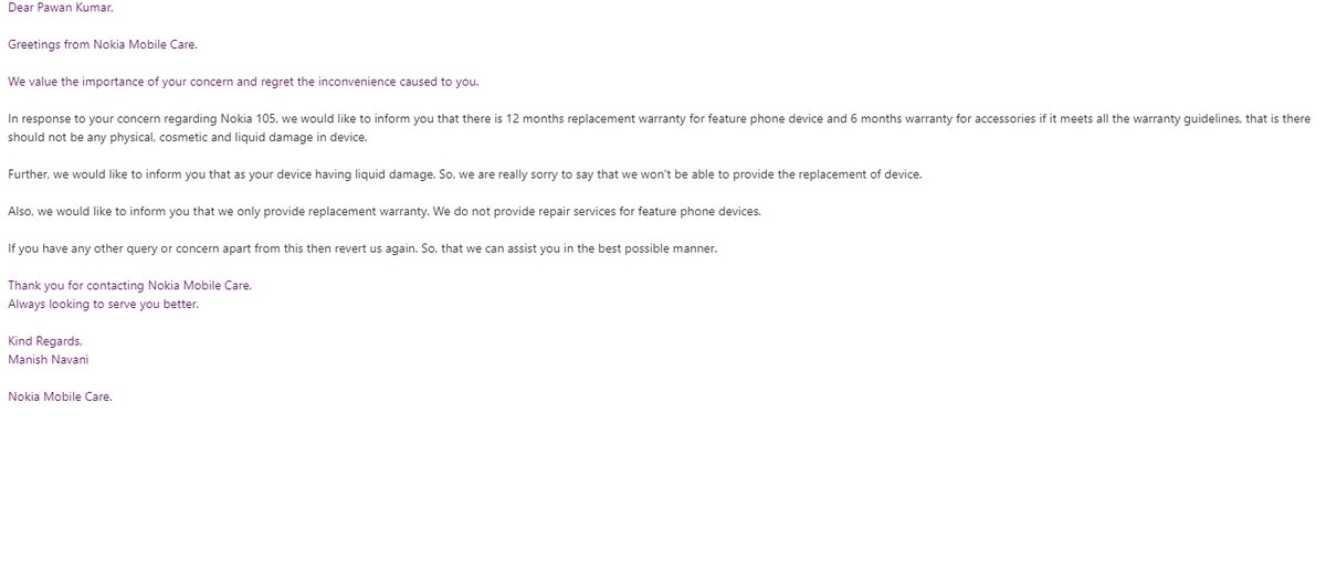 lovetoprogram's tweet image. @NokiamobileIN @nokia @PekkaLundmark 
"Just had a terrible experience with@Nokia!Raised a complaint about my Nokia 105 phone,provided all details via email, but they refused to help without even checking the device claiming it has liquid damage. Poor customer service! #NokiaFail"