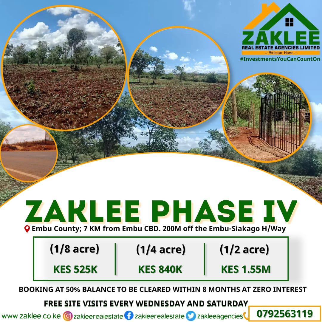 Book your plot today....Free site visits every Wednesday and Saturday
#Madaraka #MadarakaInEmbu #IgwatireEmbu #NunuaEmbu #BuyEmbu #ZakleePhaseIV #zakleeopenday #phasefour #phase3 #phasefouropenday #phaseivopenday
#InvestmentsYouCanCountOn
zaklee.co.ke