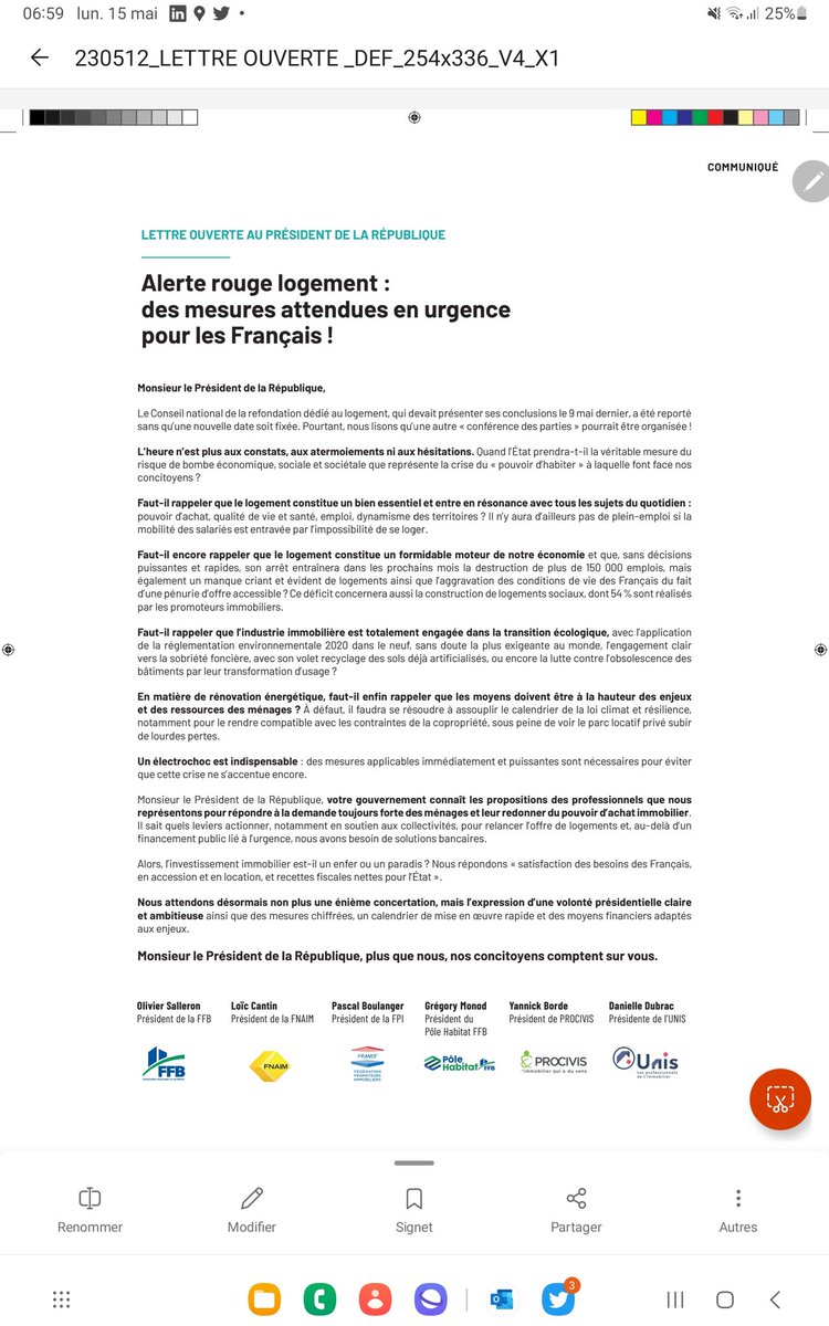 Comme Président de <a href="/Procivis/">Procivis</a> je suis signataire de cette lettre au Président de la République <a href="/EmmanuelMacron/">Emmanuel Macron</a> compte tenu de m’absence de réactions sur la situation du #logement qui connaît à la fois une crise de l’offre et un effondrement (récent) de la demande ALERTE ROUGE