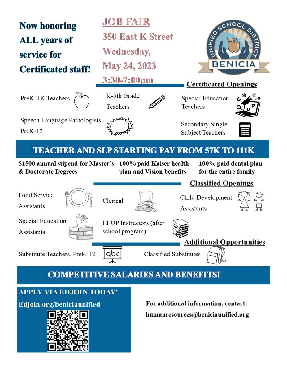 Looking for a job in a great school district, then Benicia Unified is the place! Check out BUSD job fair!