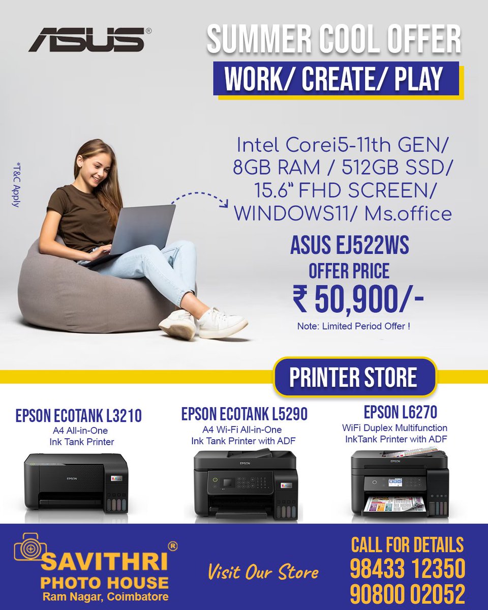 SavithriPhotoH's tweet image. Attention School students and College Students !
We are now providing Branded Laptops at Aggressive prices in #coimbatore from #savithriphotohouse a #camerastore and #computer in your Kovai.
There are offers in #asuslaptops and #delllaptops #LenovoLaptops
