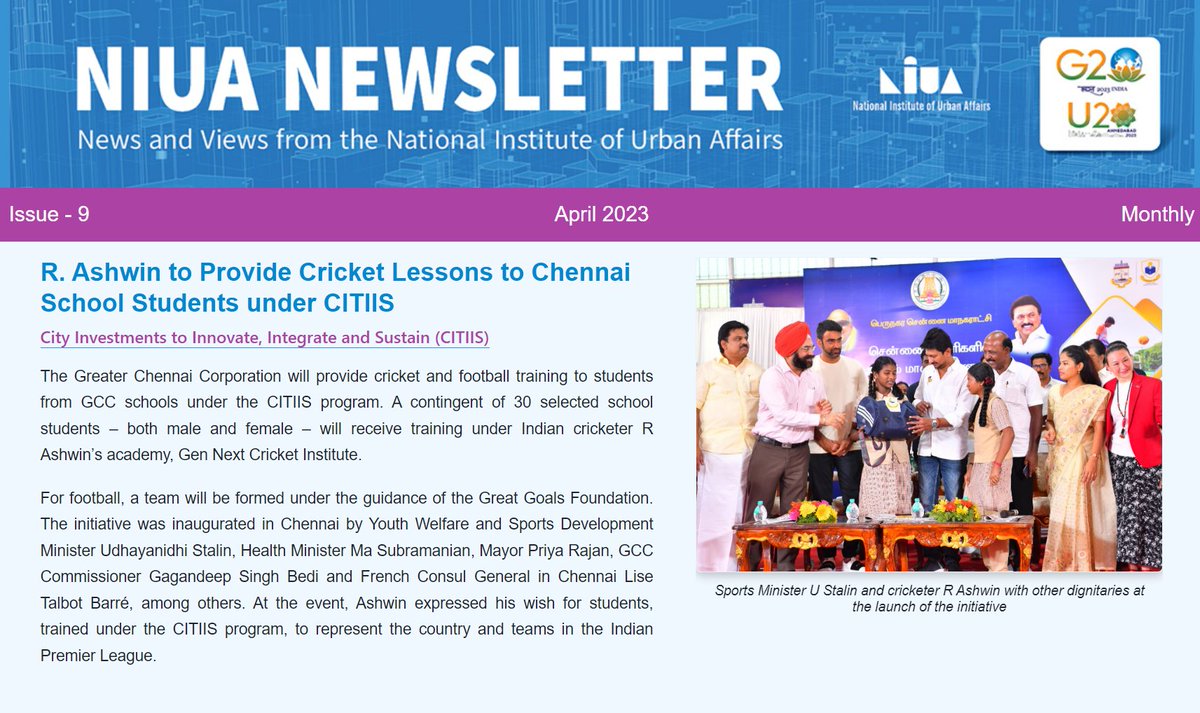 NIUA_India's tweet photo. 👋Alert !
R. Ashwin to teach cricket to Chennai school students under #CITIIS project; NIUA &amp; BMC undertake survey to map urban-flooding &amp; water-wastage; Course on GIS Based Property Tax Toolkit on NULP &amp;….. much more in @NIUA_India's April NEWSLETTER! 
👉https://t.co/8UxFuJOECN https://t.co/Injw43d0en