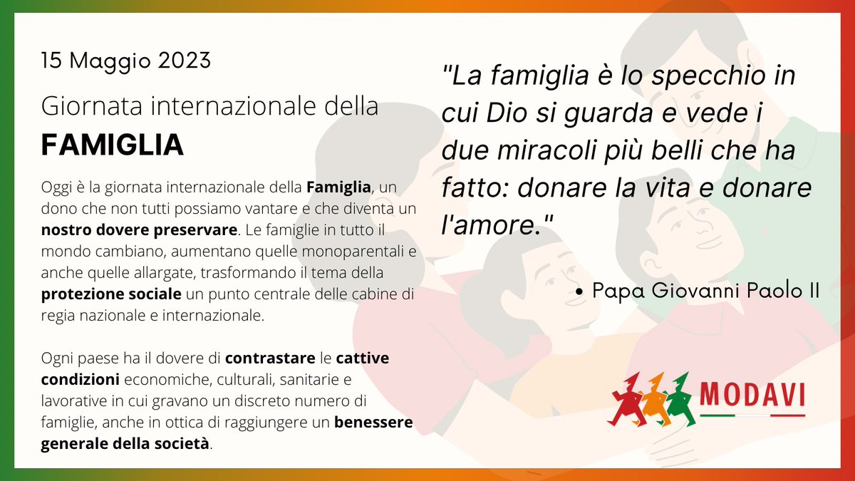 📆 Il 15 maggio di ogni anno si festeggia la giornata internazionale della #Famiglia, un’istituzione antica, pura e sacra per il singolo e per la #collettività. Gli Stati hanno il dovere di proteggerla contro crisi economiche, disordini sociali e disuguaglianze culturali
#modavi