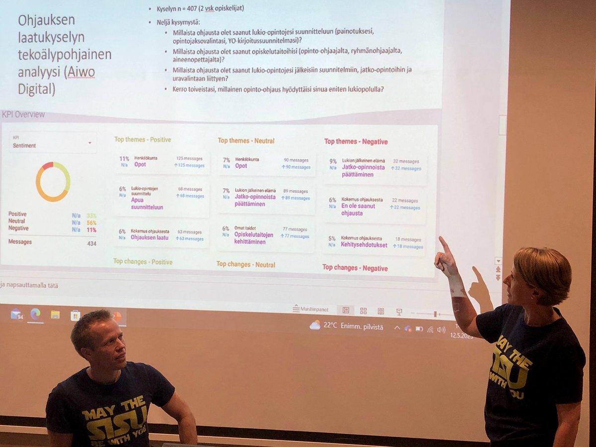 Jussi ja Laura jakamassa Aiwo-Digitalin tekoälyanalyysin anteja jaetaan Gradian opoille.