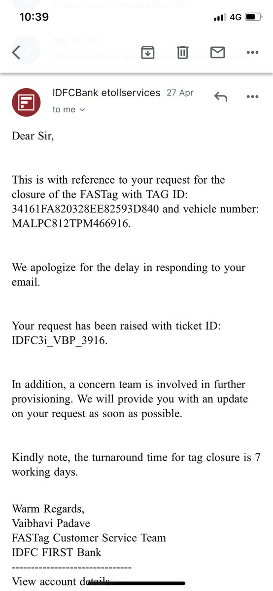 jiten151's tweet photo. @IDFCFIRSTBank @IDFCFIRST_Help how much time does it take to deactivate a fastag ? It’s been 30 days and it now feels like im having a conversation with myself. https://t.co/oM6vTaunm4