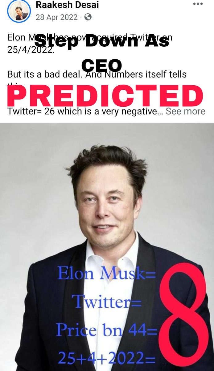 raakeshdesai4's tweet image. On 28/4/2022, 🔮 I predicted that the Twitter purchase deal 💰 is not
lucky 🍀 for Elon Musk as per his numerology. 😞

#Numerology 🔢
• #NumerologyReading 📖
• #NumerologyChart 📈
• #NumerologyLifePath 🛣️
• #NumerologyMasterNumber 🔢

• #LindaYaccarino 👩‍💼