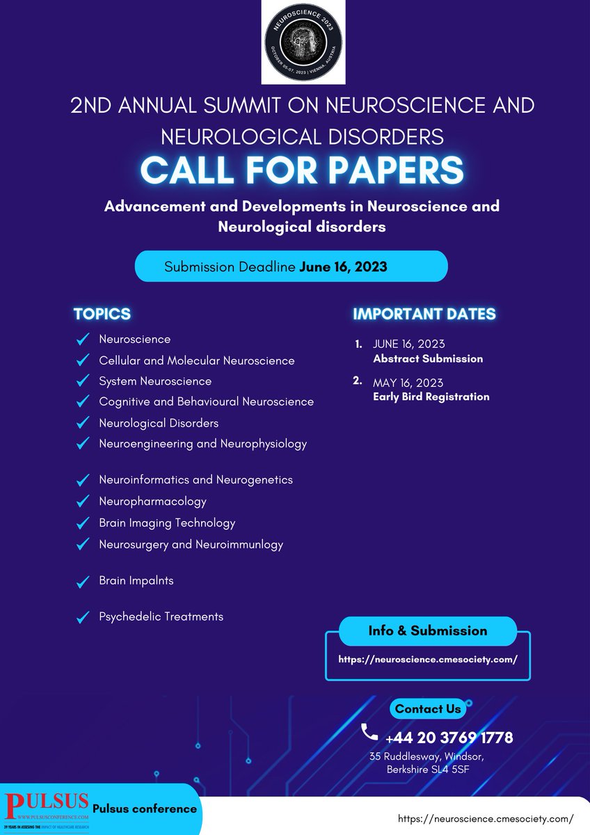 Attention all #Neuroscience students and professionals! Our conference is now accepting abstract submission whether you're working on neuroimaging neuropsychology or any other aspects of #Neuroscience. We want to hear from you. Submit your abstract and join us!