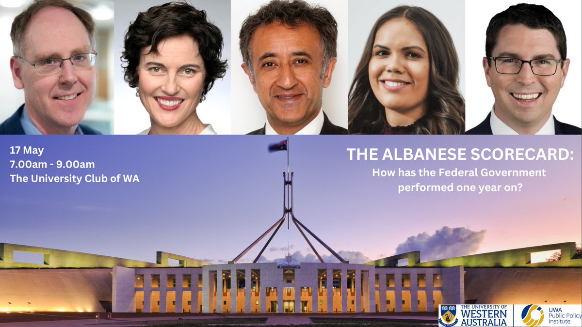 UWAPPI's tweet photo. 🔔17 MAY REMINDER🔔 Don't forget to secure your ticket to hear Assistant Minister to PM Anthony Albanese @PatrickGormanMP, @ChaneyforCurtin, @RobertsonPeterE and @EmmaGarlett deliver their verdicts on how @AlboMP has done in his first year of leadership. https://t.co/M5YimvVN0r https://t.co/qV3d11VpRv