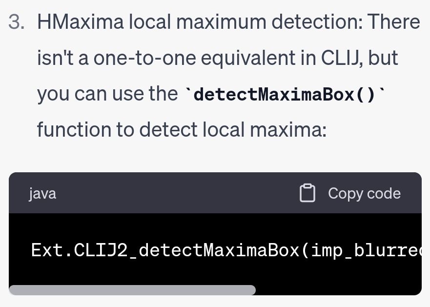 haesleinhuepf's tweet photo. I asked #GPT4 to translate an #ImageJ Macro snippet to #clij. I had to rephrase my prompt three times, but this answer is 🔬🖥️🤯 https://t.co/8eMhTRkZLk