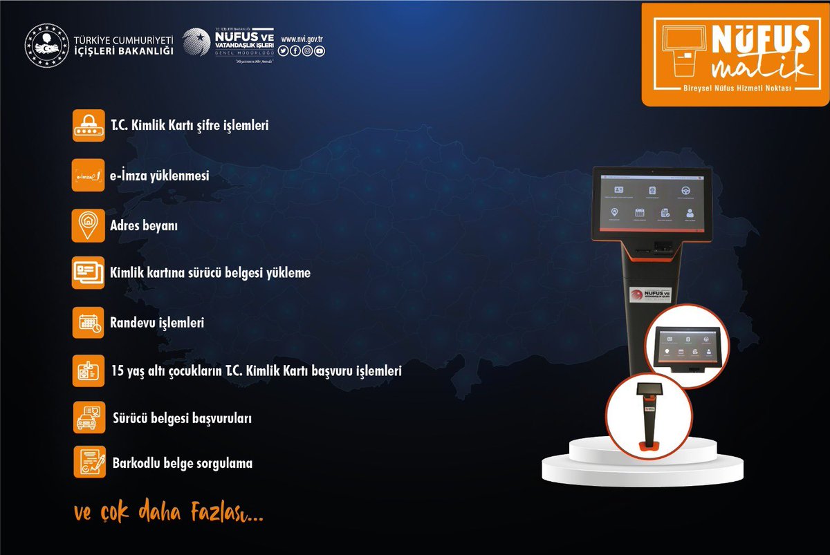 Nüfus Personeli  olmaksızın,
Çipli kartınız ve parmak izi doğrulamasıyla nüfus müdürlüklerindeki birçok işlemi

✅ Hızlı
✅ Güvenli
✅ Kolay bir şekilde

Nüfusmatiklerimiz aracılığı ile gerçekleştirebilirsiniz. 

Yeni haftaya Bismillah..

#HayatınızınHerAnında