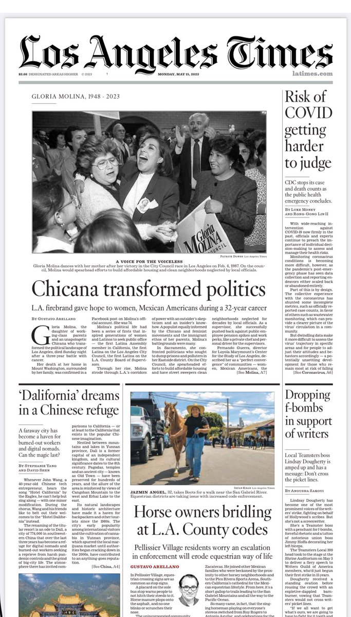 Monday’s <a href="/latimes/">Los Angeles Times</a> Page 1. <a href="/GustavoArellano/">Col. Gustavo Arellano</a> on the passing of a true LA pioneer latimes.com/obituaries/sto…. Elegantly designed by <a href="/nicoletogo/">Nicole Vas</a>