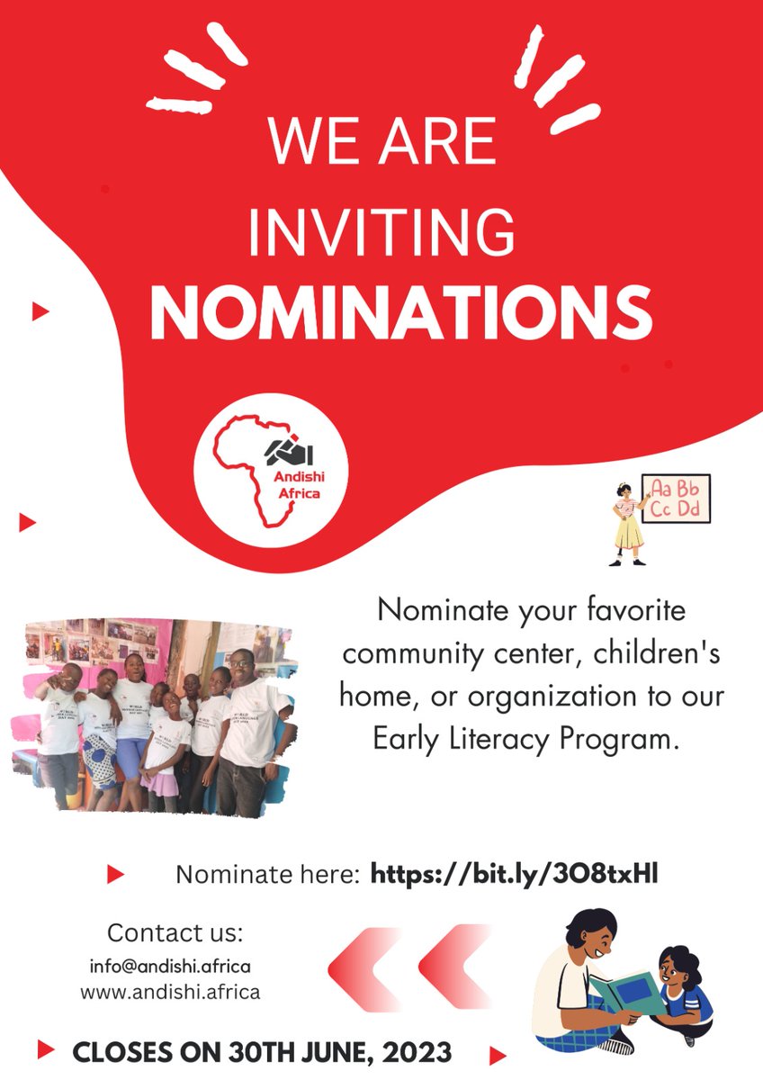 AndishiAfrica's tweet photo. Do you know of a community centre or children's home that would benefit from our Early Literacy Engagement program? Nominate them today and join us in opening up a world of possibilities for these young learners! 

Nominate here -> https://t.co/ZLL5GO5qlB https://t.co/bgZqYgQlgm