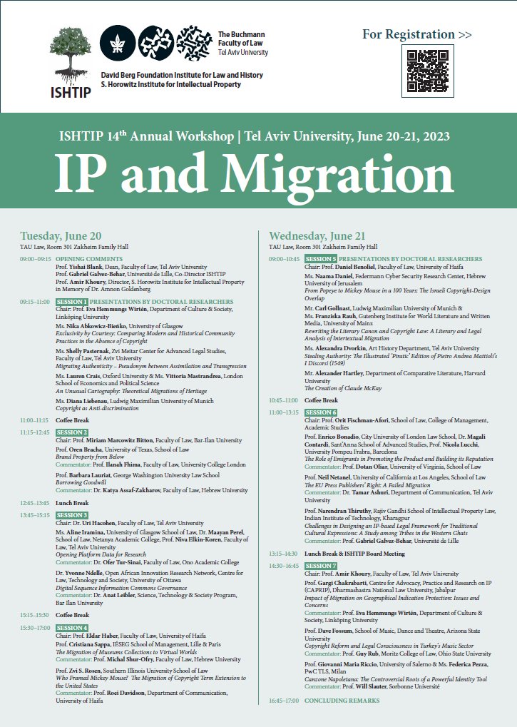 Birnhack's tweet photo. The program for the 14th ISHTIP Workshop is out! Registration is open!
https://t.co/69RkkhH2eT
Join us @TAU_LAW on June 20-21, for great papers on #copyright #trademark #patent #IP https://t.co/uJz527yMtj