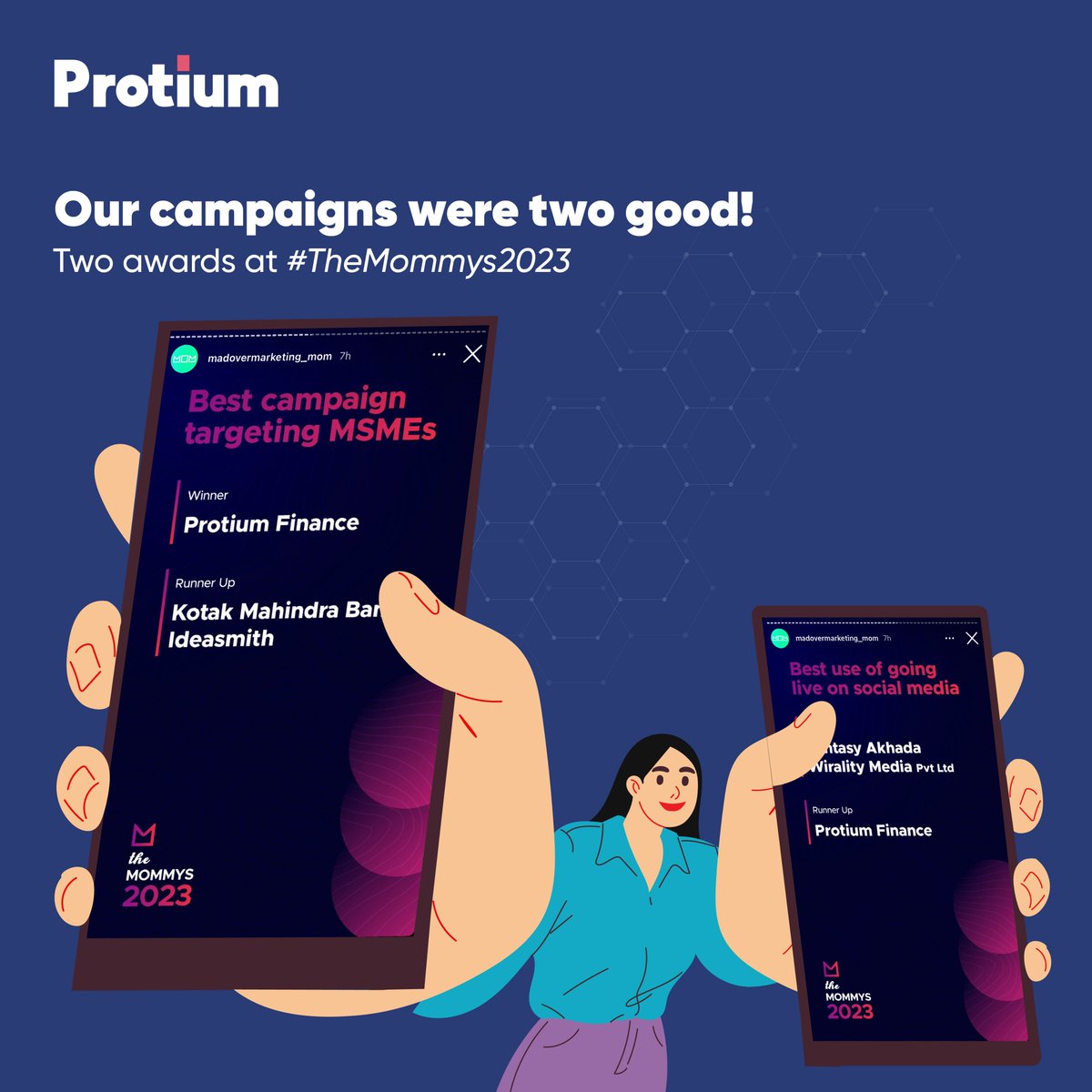 protiumfinance's tweet photo. Protium wins big again with two awards in the Mommy awards by @MadOMarketing 
Diwali campaign "Protium Goes Vocal for Local" won in the category best campaign targeting MSMEs, while @ProtiumAmpd won the runner-up for Best use of going live on social media.
These back to back wins encourage us to continue to be the voice of the MSMEs and communities across the country and remain committed to @protiumind's mission of fueling ambition.

#TheMommys2023 #ProtiumGoesVocalForlLocal #ProtiumAmpd #WeGotMommy #Awards #Protium