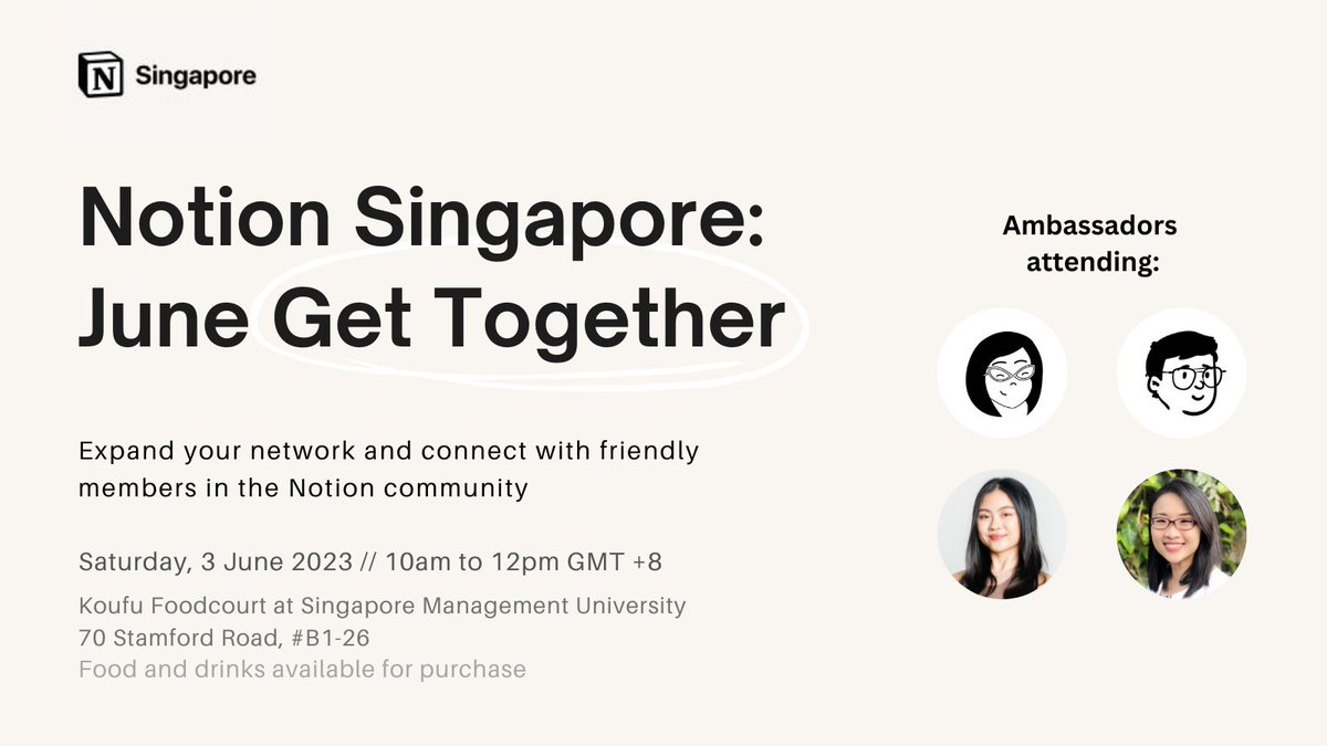 It's been too long since we last connected!🌟 Our next Notion Singapore meetup is happening on Sat, 3 June! 

Join Ambassadors <a href="/heyeaslo/">Easlo</a>, @lynnexperiments, Cheyenne Neriah, and <a href="/ruiqing/">Rui Qing (RQ)</a>. 🎉

More details → lu.ma/nsgjun23
