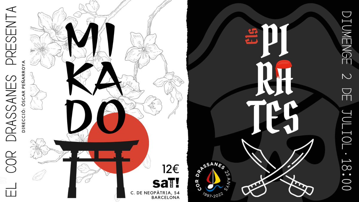 📣 Anunciem la data del concert d’estiu del Cor Drassanes!!

Repertori: Els Pirates 🏴‍☠️ i El Mikado 🇯🇵
🗓 Diumenge, 2 de juliol 
🕕 18:00
📍 <a href="/sat_teatre/">SAT! Sant Andreu Teatre</a> 
🎟 €12 (4tickets.es/4tickets/publi…)

Espectacle en català. 

Direcció: <a href="/oscarpenyarroya/">Óscar Peñarroya</a>