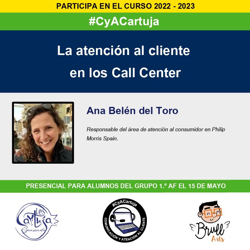 Hoy, llega la última profesional de este curso 22-23

<a href="/AnabelenDel/">Ana Del Toro</a> nos enseñará la importancia de la #AtencionAlCliente en los Call Center ¡atentos para responder al #Kahoot que haremos en la sesión! 

#CyACartuja #FP #Comunicación <a href="/iescartuja/">IES Cartuja</a> <a href="/EducaAnd/">Consejería Desarrollo Educativo y FP</a> <a href="/FPAndaluza/">Formación Profesional Andaluza</a>