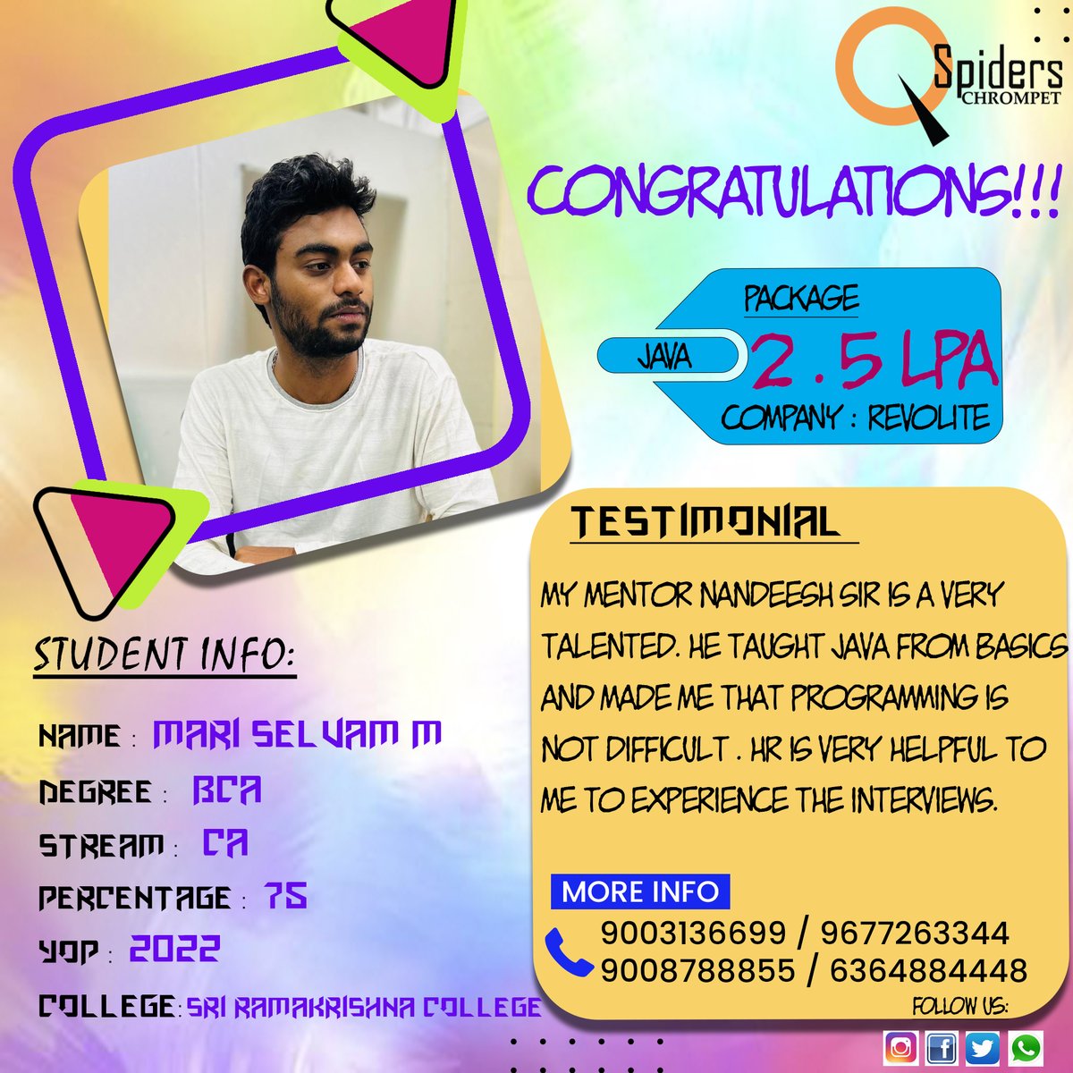 Congratulations Mr. Mariselvam M for getting placed as a Junior Software Developer from Qspiders_Chrompet 💐💐💐.

”QSpiders is a place where businesses find talent and dreams take flight.'
.❤️💯

#successfullyplaced #testimonial #hired #success #placedstudents #successstories