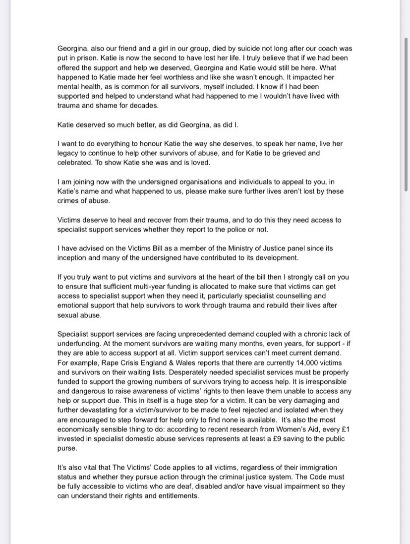CharlieCW's tweet image. I’ve written an open letter to the Lord Chancellor asking for commitment to the importance of specialist services to support victims. Specialist services are already over capacity. My letter is supported by Rape Crisis, Women’s Aid, Refuge, CALM, Galop #inkatiesname