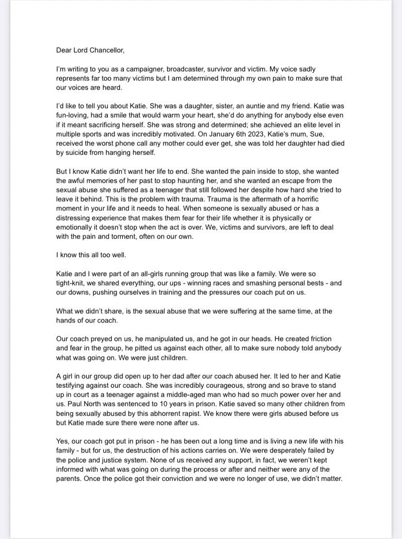 CharlieCW's tweet image. I’ve written an open letter to the Lord Chancellor asking for commitment to the importance of specialist services to support victims. Specialist services are already over capacity. My letter is supported by Rape Crisis, Women’s Aid, Refuge, CALM, Galop #inkatiesname