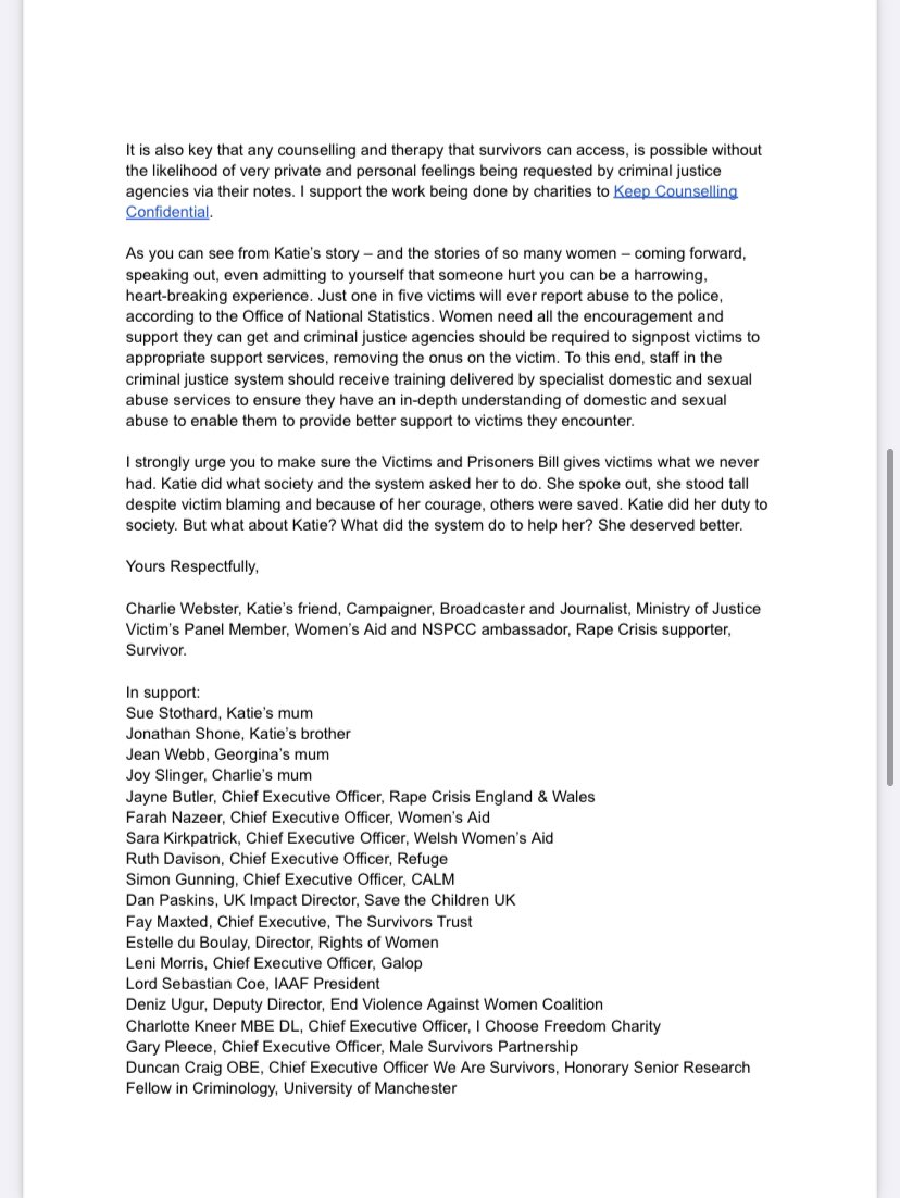 CharlieCW's tweet image. I’ve written an open letter to the Lord Chancellor asking for commitment to the importance of specialist services to support victims. Specialist services are already over capacity. My letter is supported by Rape Crisis, Women’s Aid, Refuge, CALM, Galop #inkatiesname